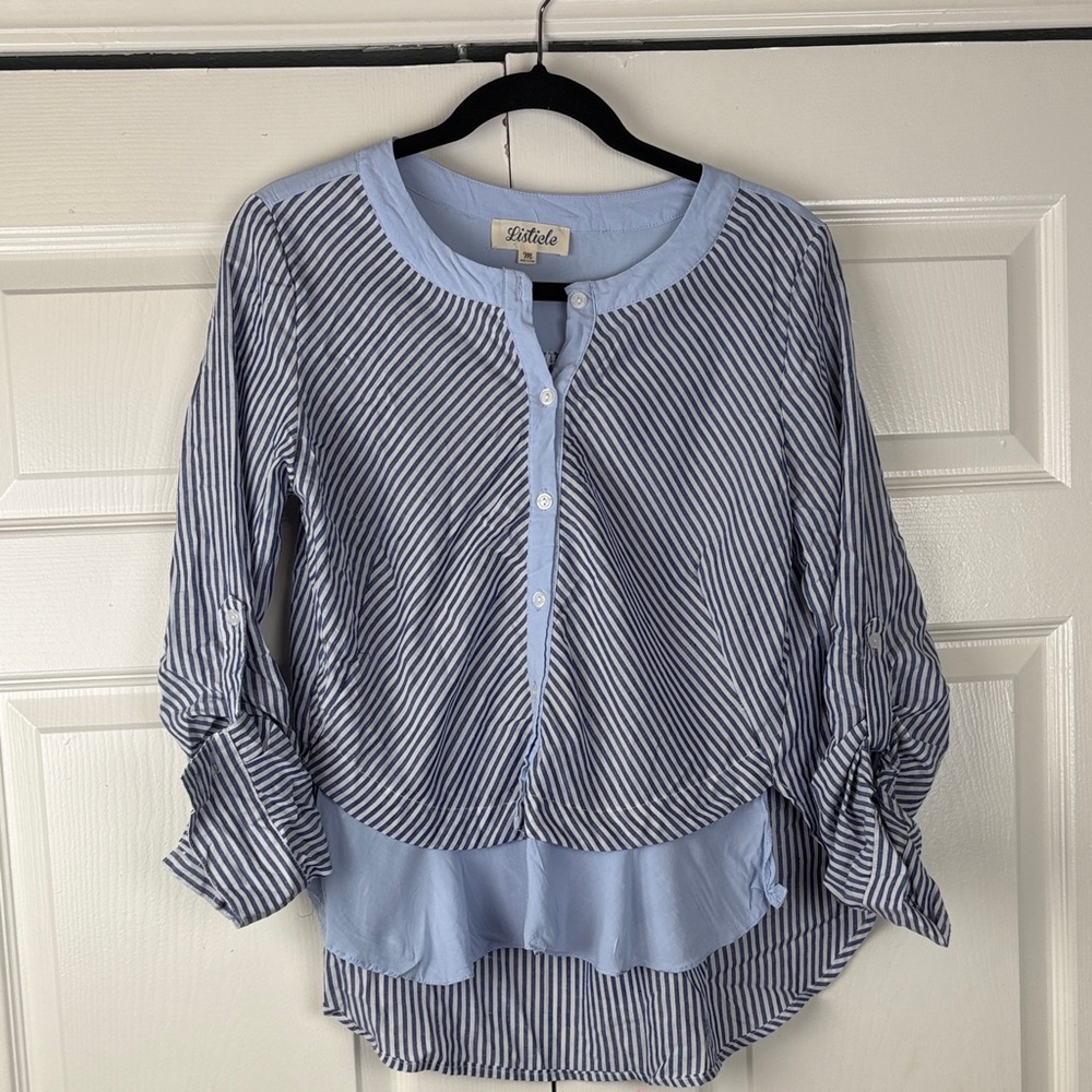 Listicle Blue Striped Blouse Size Medium Coastal Grandmillennial Cottagecore